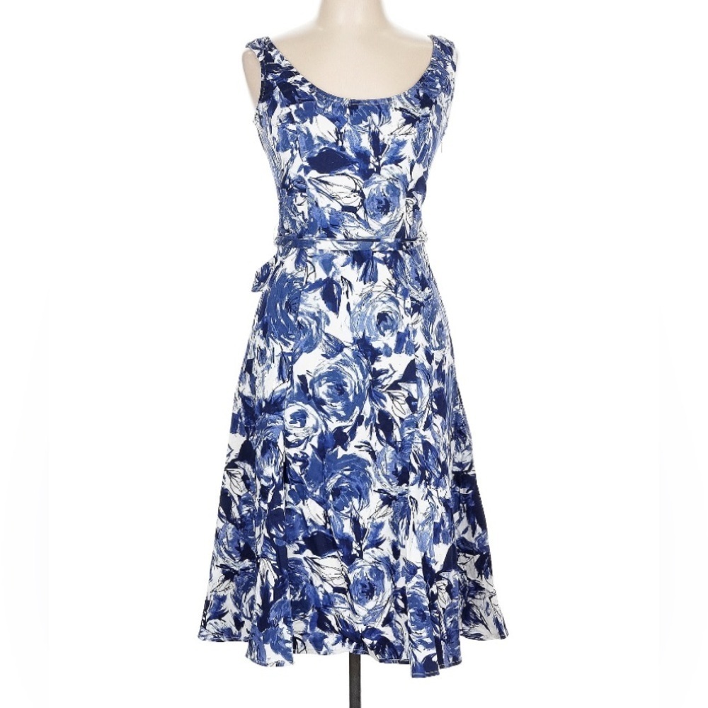 NEW PER UNA ITALY DRESS COTTON FLORAL BLUE ROSES SIZE 10